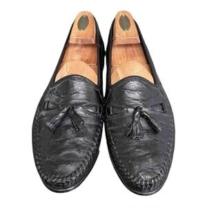 Zelli Black Ostrich Leather Loafers Mens Size 10 Tassled Exotic Leather Loafers